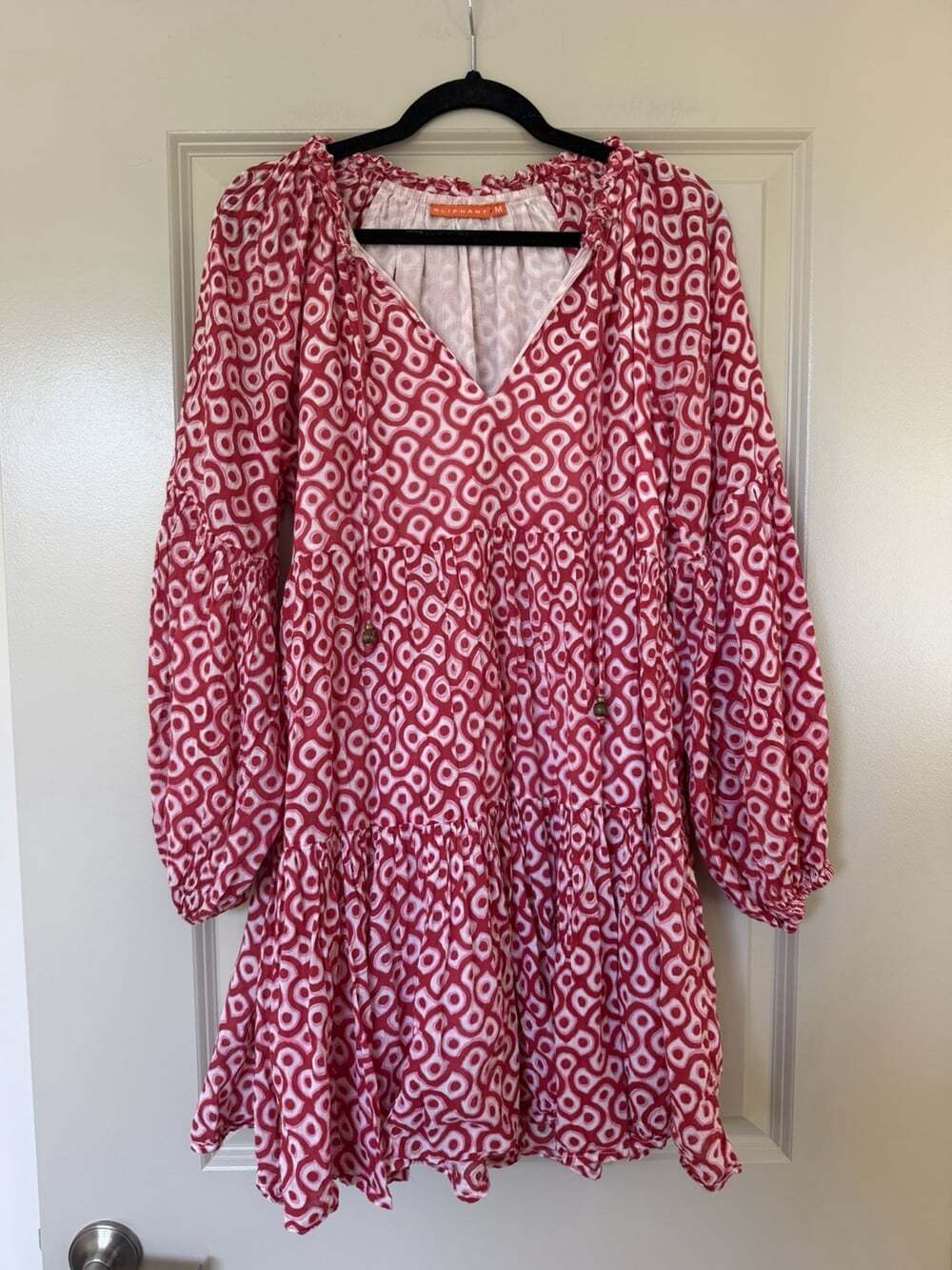 Oliphant Balloon Sleeve Mini Dress in Pink Pattern Size Medium V Neck